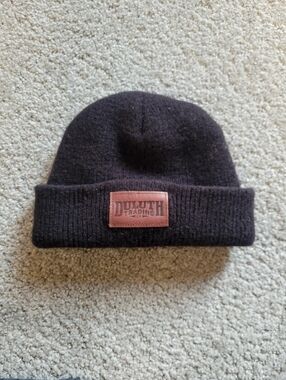 Duluth Trading Co Black Wool Beanie with Leather Patch One Size